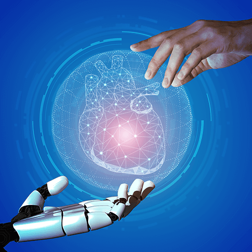a robotic and human hand symbolizing the synchronization of intelligent automation.