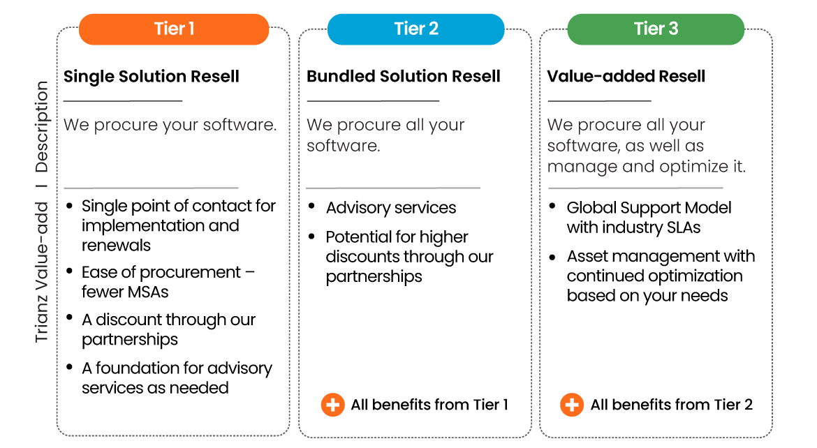 Graphic depicting Trianz’ Three Tiers of Software Asset Optimization Services