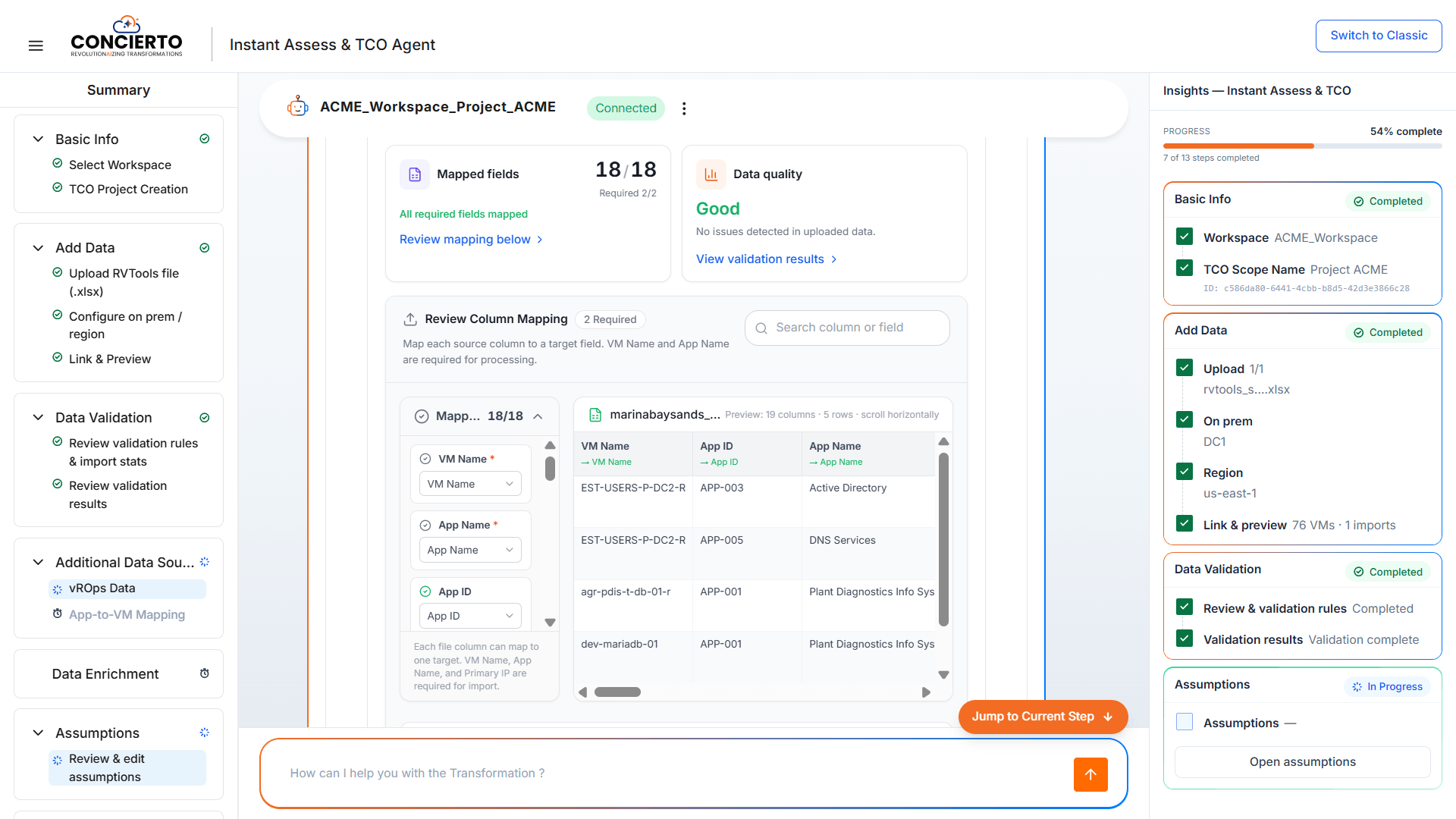 Concierto automatically maps RVTools fields for assessment