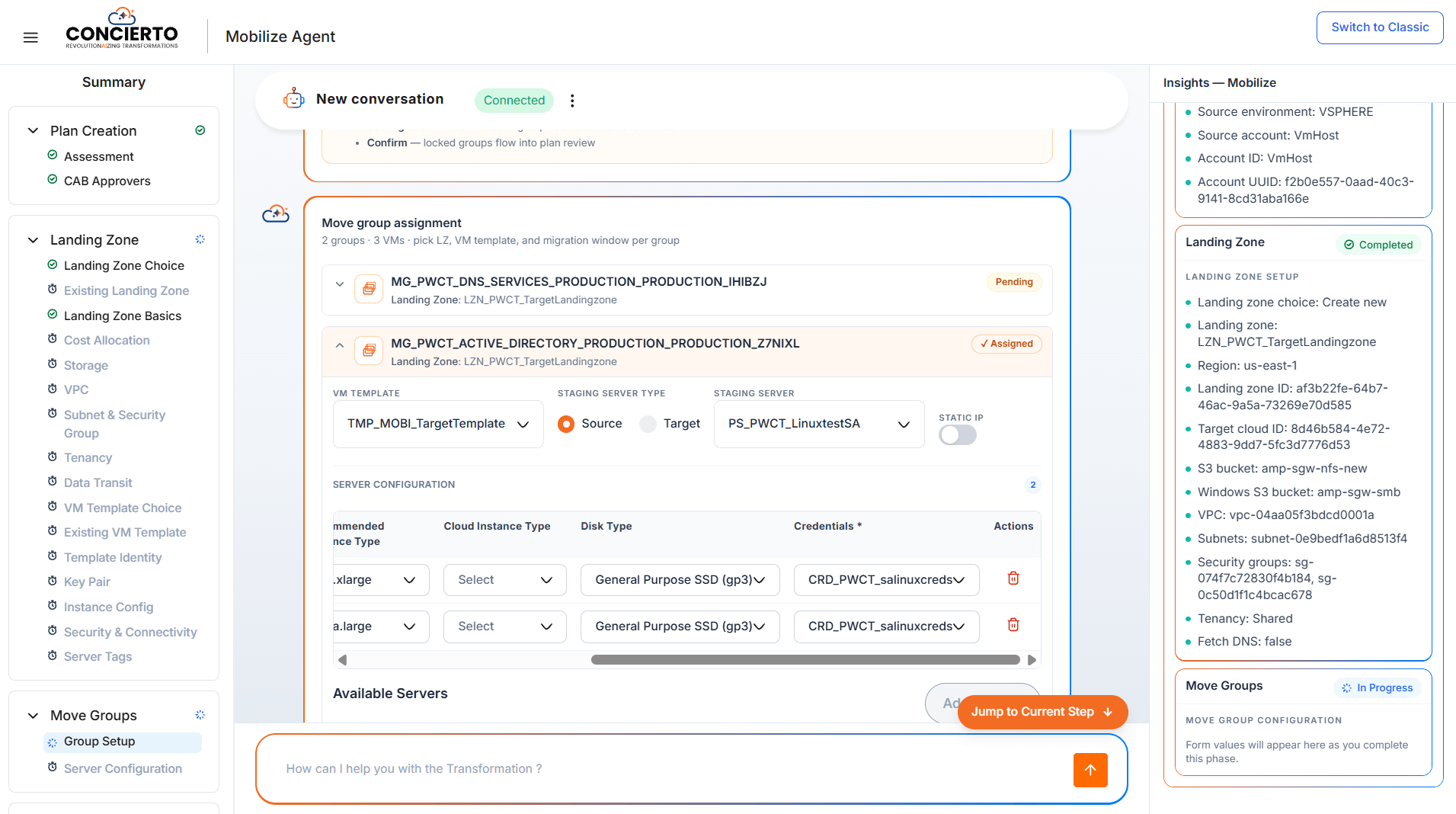Concierto landing zone and move group creation in Mobilize Agent