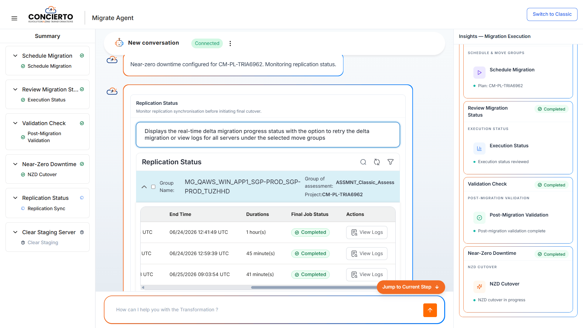 Concierto Migrate Agent near-zero downtime replication status