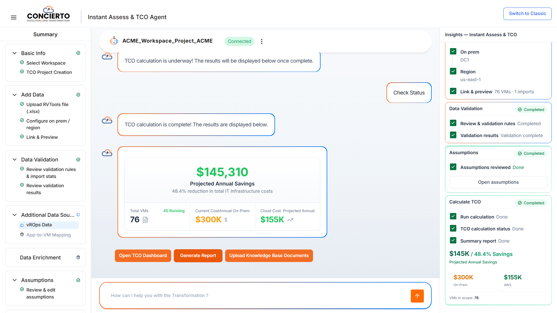 Concierto Instant Assess TCO calculated with on-prem versus AWS savings